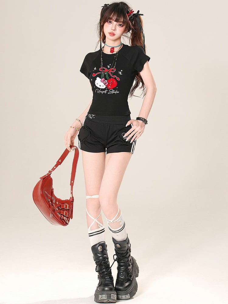 Plush T-shirt Puppy And Cherry White/Black Glamorous Applique
