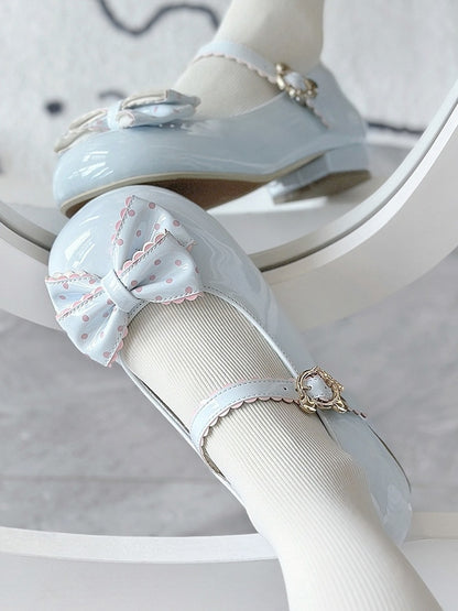 Round Lolita Bow Mary Blue in Jane Toe Polka Shoes 2.5cm Dot Bear PU Sweet with and Embellishment Buckle Charming