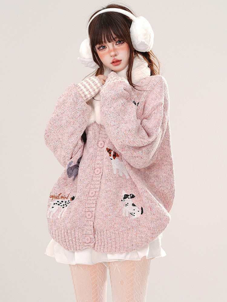 Pink/Coffee Cute Puppies Round Neck Loose Cardigan