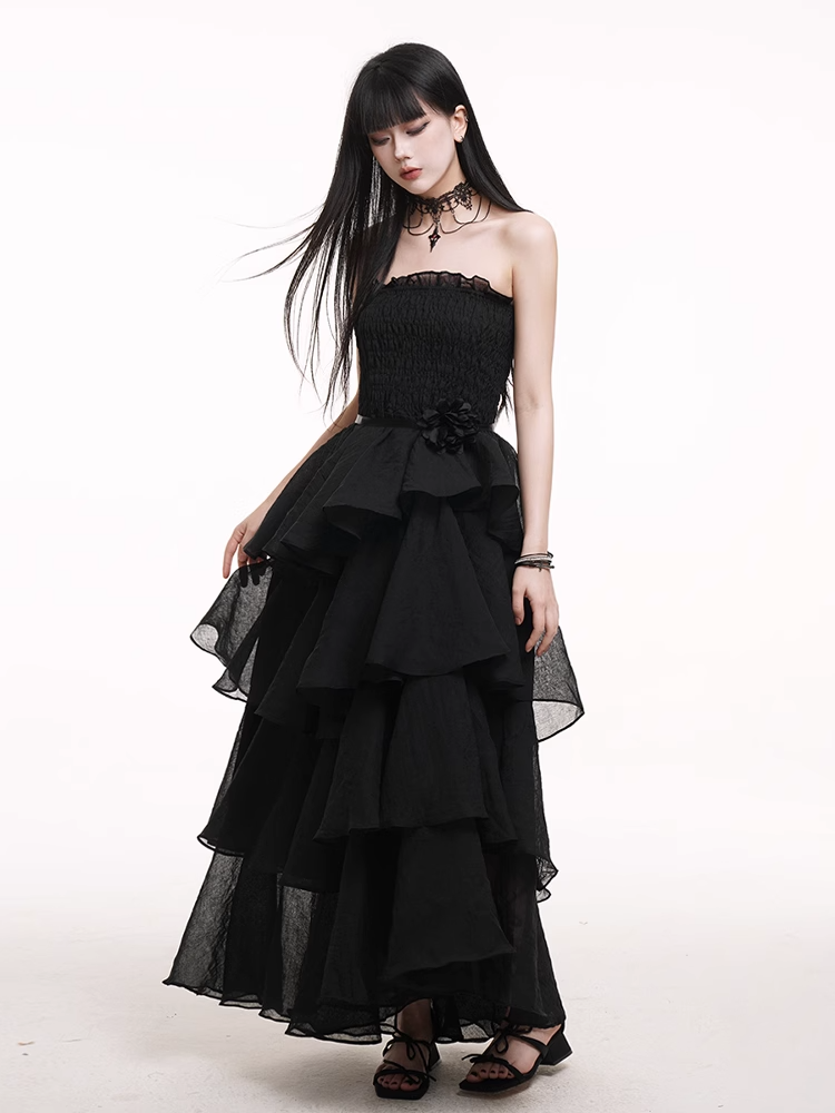 Waist Mesh Black High Prom Gown Dress Tiered Skirt