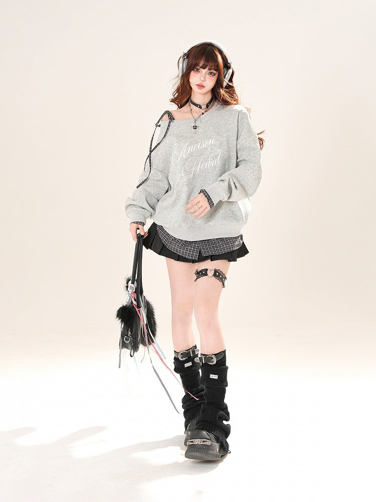 Sweatshirt zum Binden, asymmetrischer Ausschnitt, karierter Saum, schwarz/grauer Schultergurt