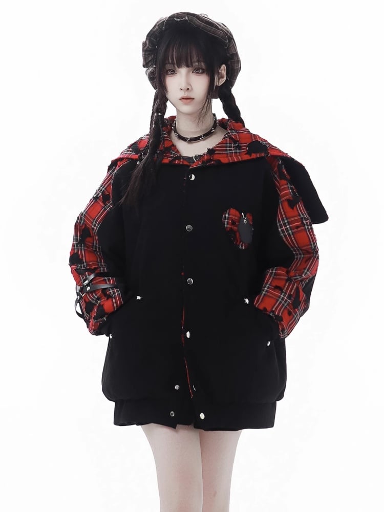 Red Plaid Sailor Collar Heart Applique Black Hooded Jacket