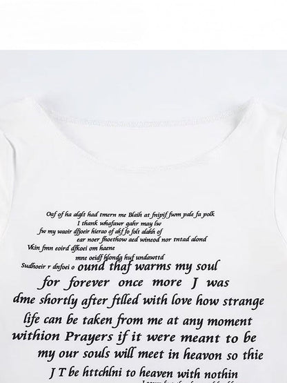 White Print Bell Asymmetrical Letter Bittersweet Sleeves Hem Top