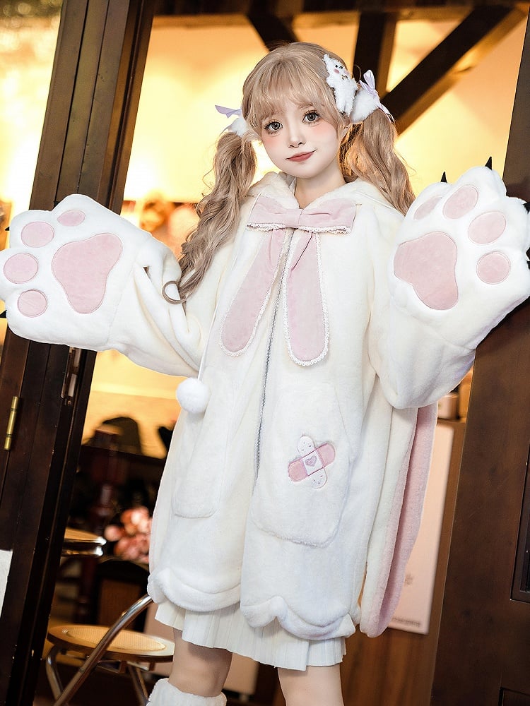 White and Pink Lolita Oversized Bunny Ears Hooded Plush Coat Leg Warmers