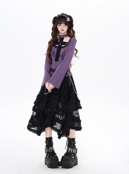 Top and All-in-one Gothic Black/Purple Bell Sleeves Cross Design Choker