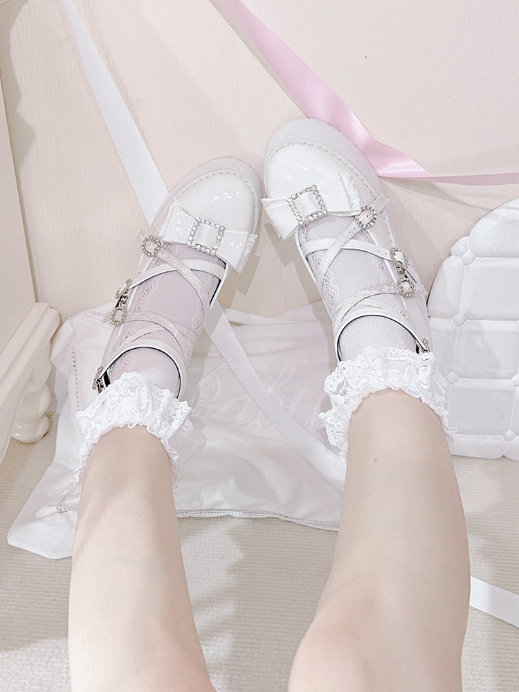 Polished White Jirai Kei Rhinestone Bowknot Landmine Style Platform Shoes