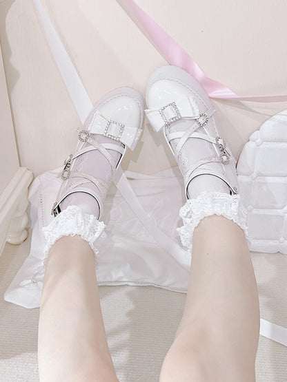 Polished White Jirai Kei Rhinestone Bowknot Landmine Style Platform Shoes