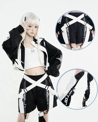 in Futuristic Techwear Detachable White Design Colorblock Landmine Style Black Jacket and