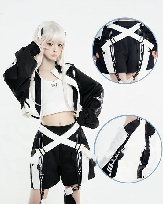 Black and Criss-Cross Techwear Aesthetic Shorts Detail with Landmine White Strap Colorblock