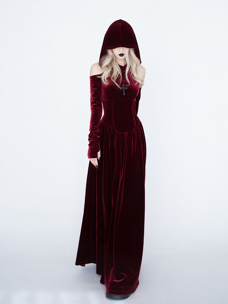 Medieval Witch Red Velvet Cutout Shoulder Gothic Vampire Hooded Dress