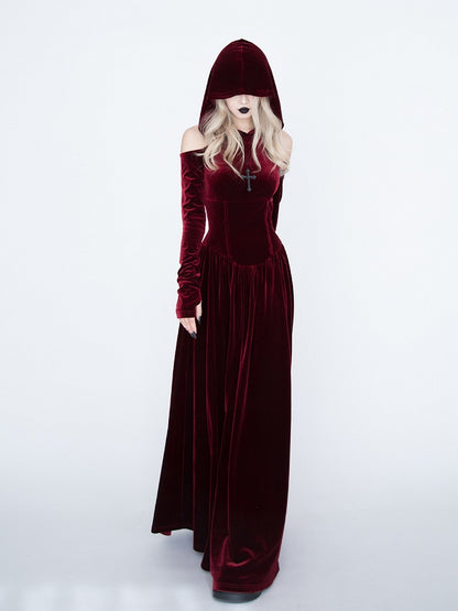 Medieval Witch Red Velvet Cutout Shoulder Gothic Vampire Hooded Dress