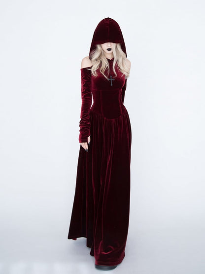 Dress Gothic Cutout Style Red Medieval Vampire with Shoulder Witch Velvet Hooded -