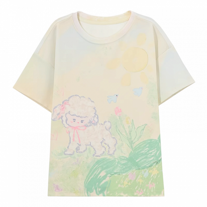 T-Shirt Light Green Round Neck Graffiti Lamb Print Loose