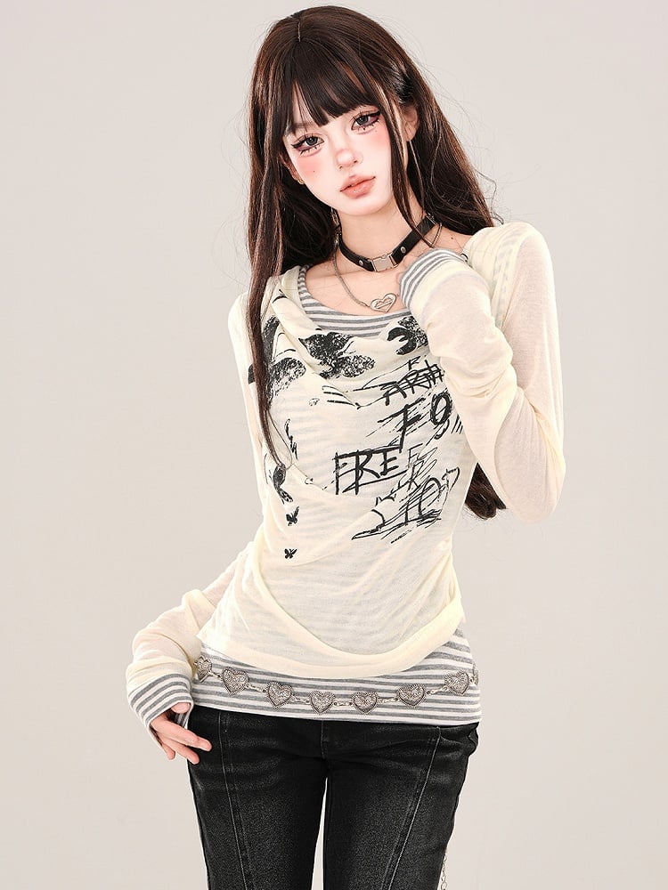 Apricot/Black Graphic Mesh Fake Two-piece Striped Long Sleeves Top