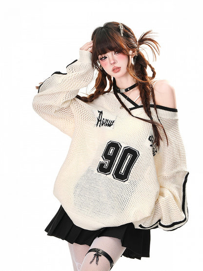 Black/White Asymmetrical Neckline Sun Protection Hollow-out Top