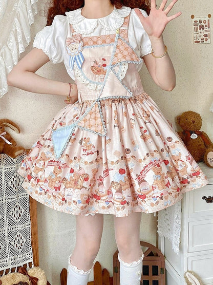 Beige Sweet Teddy Bear and Dessert Lolita Overall Dress