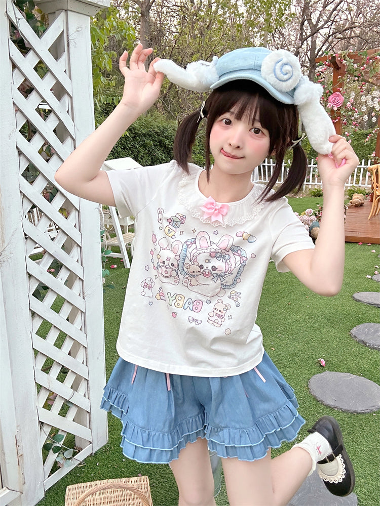 White Ruffled Neckline Adorable Bunny Print T-Shirt