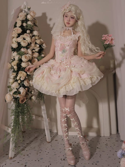 Robe princesse Lolita Hanayome à taille corset et baleines, motif floral rose