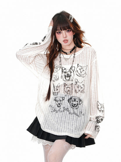Neck Puppy Round Semi-sheer Top and Kitty Print Loose Black/Beige