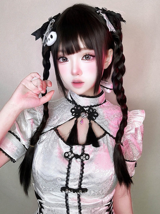 Braided Short Bangs Wig + Ponytail Black 55CM Claw 30CM Clips Full Straight Double With