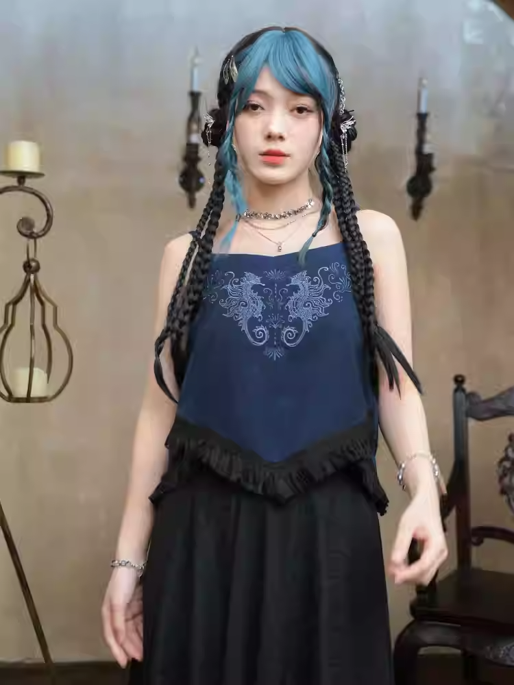 Seahorse Cheongsam Top and Cami Hem Style Tassel Dark Embroidery Coral Blue