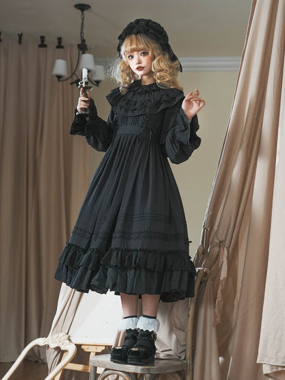 Lolita Dress Kuro Hemline Gothic Layered Sleeves Long Ruffled Ruffle Neck All Black