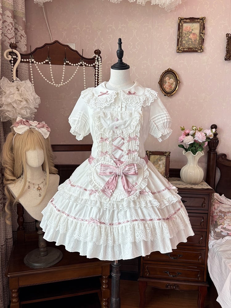 Decorated Self-tie Bow Sweet Lolita White Heart Apron and Pink