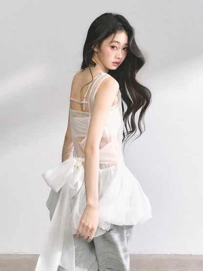 Backless Mesh Bubble Overtop White Self-tie Bow Back
