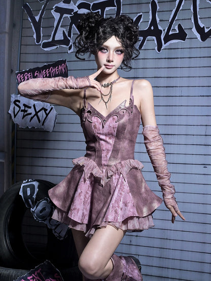 Slip Denim Y2K Totem Embroidery with Punk Ruffles Dress Dusty Pink Studded Tiered Tulle Rhinestoned
