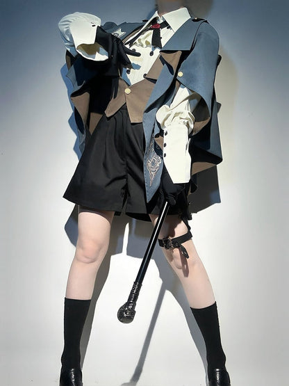 Little Lolita Set Cape Waistcoat Sleeves Brown Shorts Full Detective Vibes Long Black Shirt + - Ouji