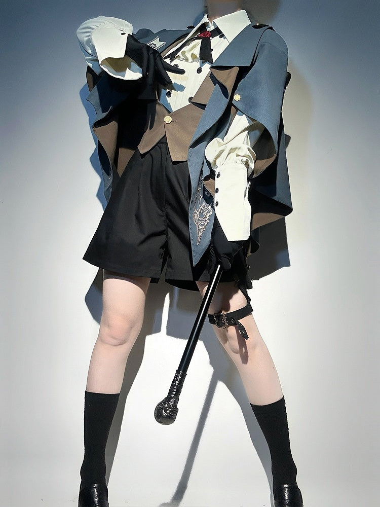 Blue and Brown Ouji Lolita Embroidery Details Pointed Hemline Cape