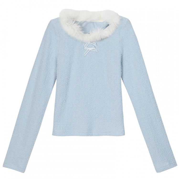 Haut à manches longues et col en peluche bleu avec détails nœud