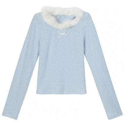 Haut à manches longues et col en peluche bleu avec détails nœud