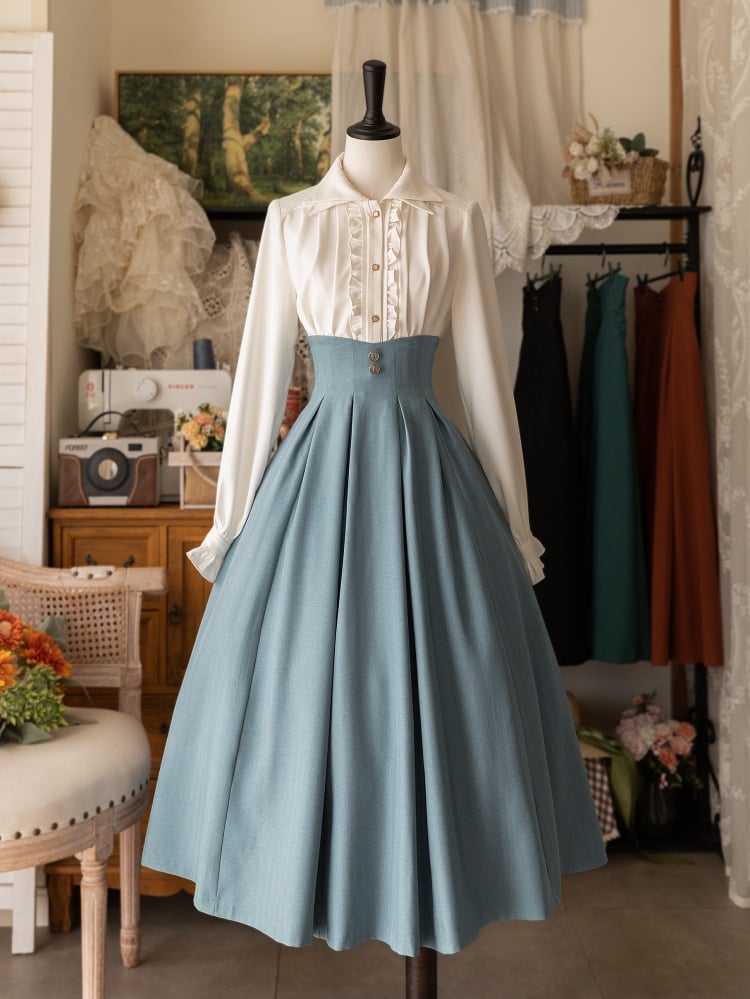 Blue Elegant Classic Lolita Corset Belt Waist MIdi Skirt