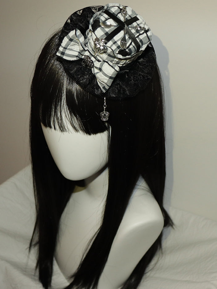 Mini Charm Scoop Pattern Crown Plaid Decorated BlackWhite Hat Bowknot And Fork