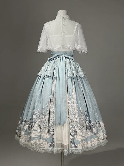 White Skirt High Cape Waist Top Cami + Tulle Print Castle Blue