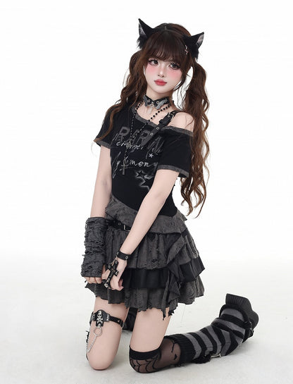 Black Asymmetrical Neckline and Buckle Hem Strap Distressed Holes Graphic T-Shirt