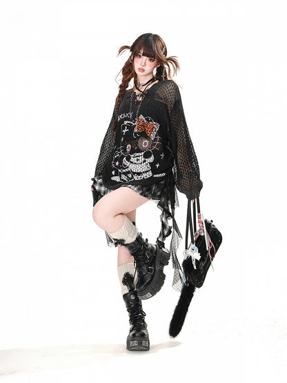 Skirt Hem Asymmetrical Mesh Patchwork Design Black Plaid Pattern Ruffled Polka-dot