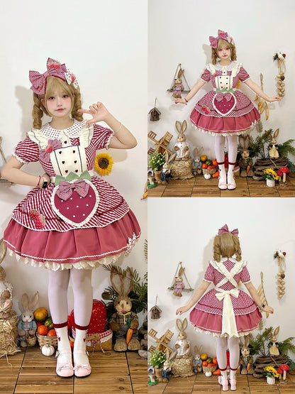 Dress with Plaid Lolita Collar Peter Pattern Strawberry Pan Sweet Pink Apron