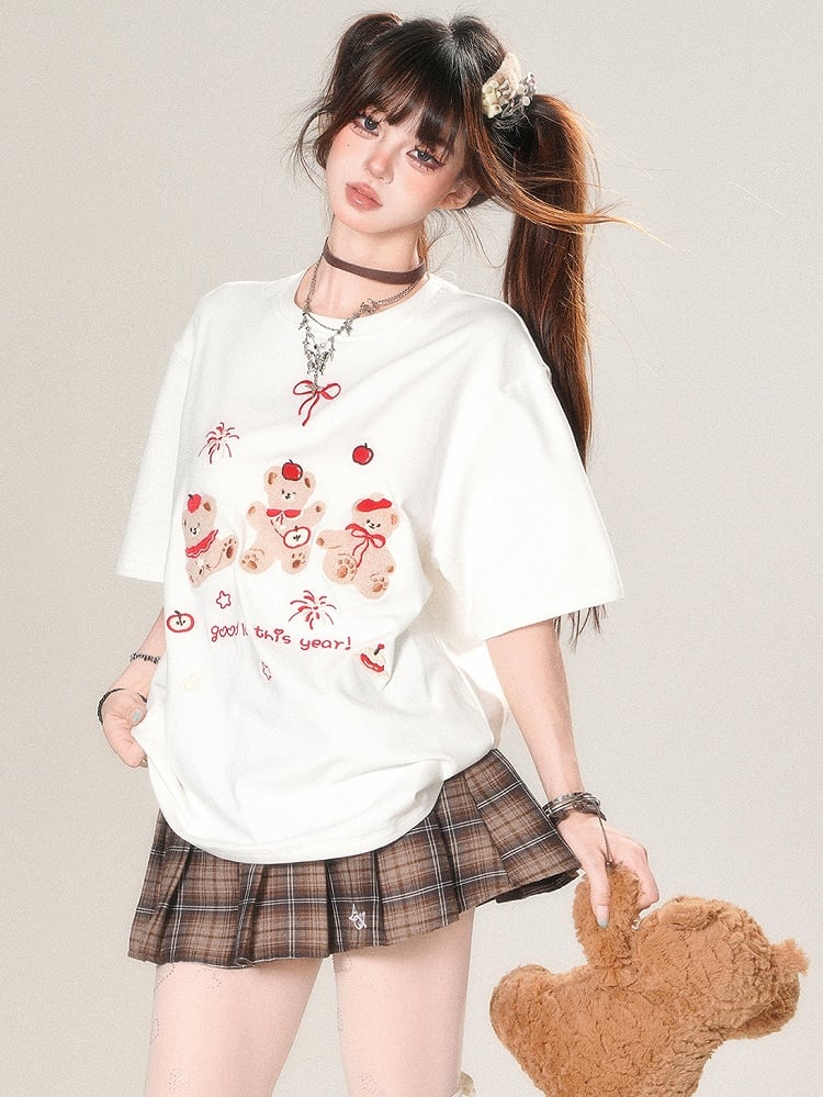 White/Black And Kawaii Daily Applique Bear Embroidery T-shirt Letter Firework