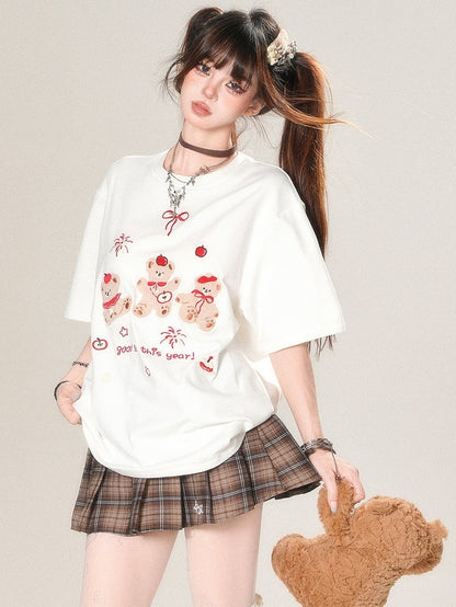 White/Black And Kawaii Daily Applique Bear Embroidery T-shirt Letter Firework