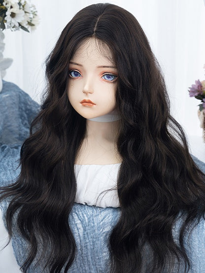 Black Tea Long Wavy Synthetic Wig With Bangs