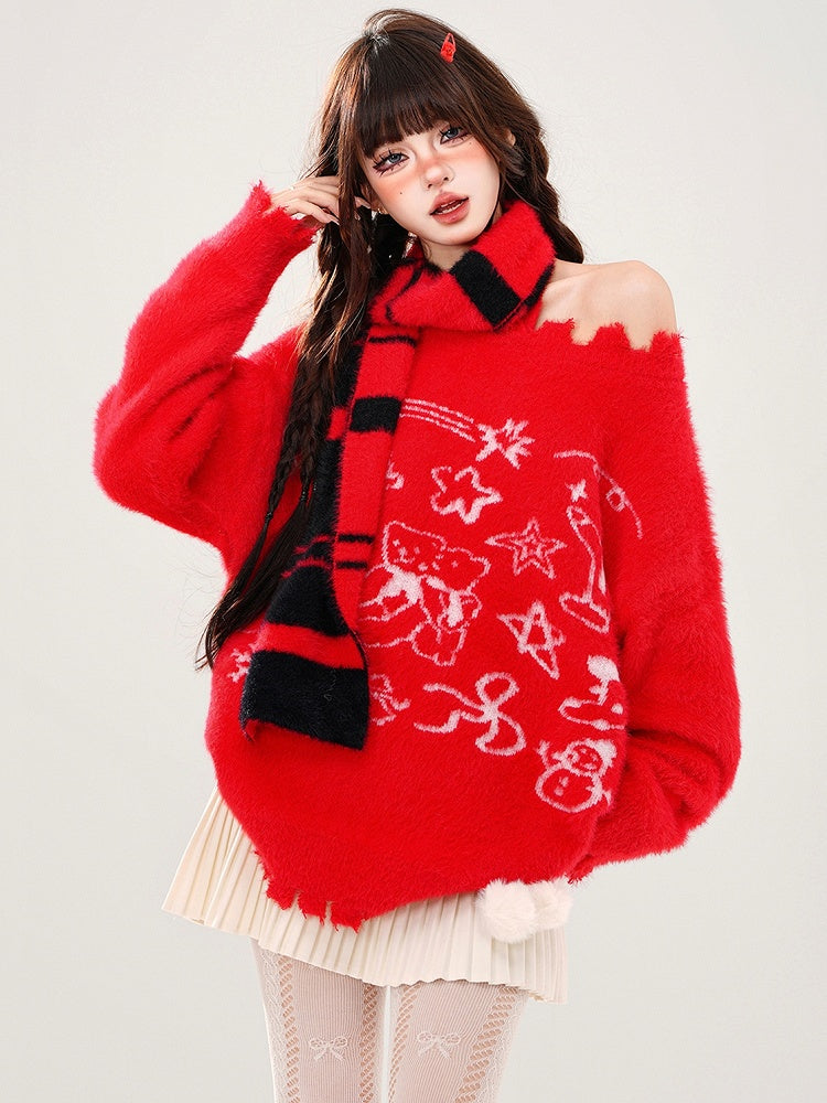 Red Bears and Stars Halter Neck Loose Sweater with Free Scarf