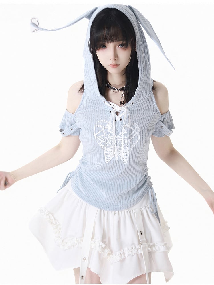 Blue Lace-up Hood T-Shirt Light Drawstring Waist Bunny Ear Design Neckline