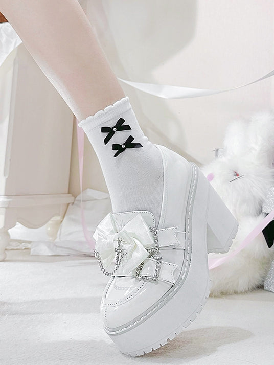Cross Rhinestoned Kei White Chain Buckles Loafers Decorated Platform Bow Polished Jirai