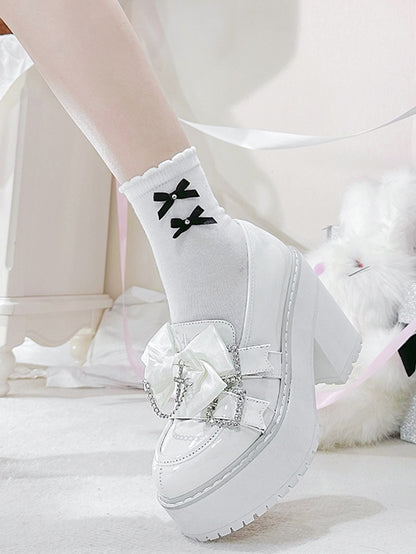 Cross Rhinestoned Kei White Chain Buckles Loafers Decorated Platform Bow Polished Jirai