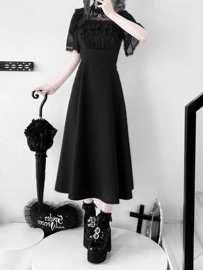 Jirai Kei Black/White Illusion Waist Neckline Ruffled High Lace Dress Trim