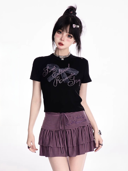 Neck Rhinestones Lace Bowknot Print Black T-shirt Purple Letter Crew