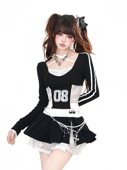Thigh-Length Black Lace Tiered Skirt Puffy