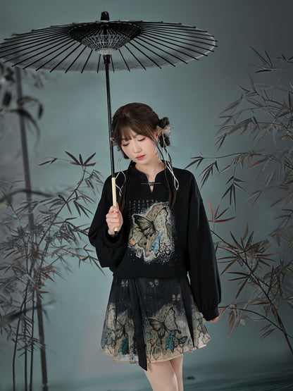 Banded Sweatshirt Collar Butterfly Style Cheongsam Print Black/Apricot